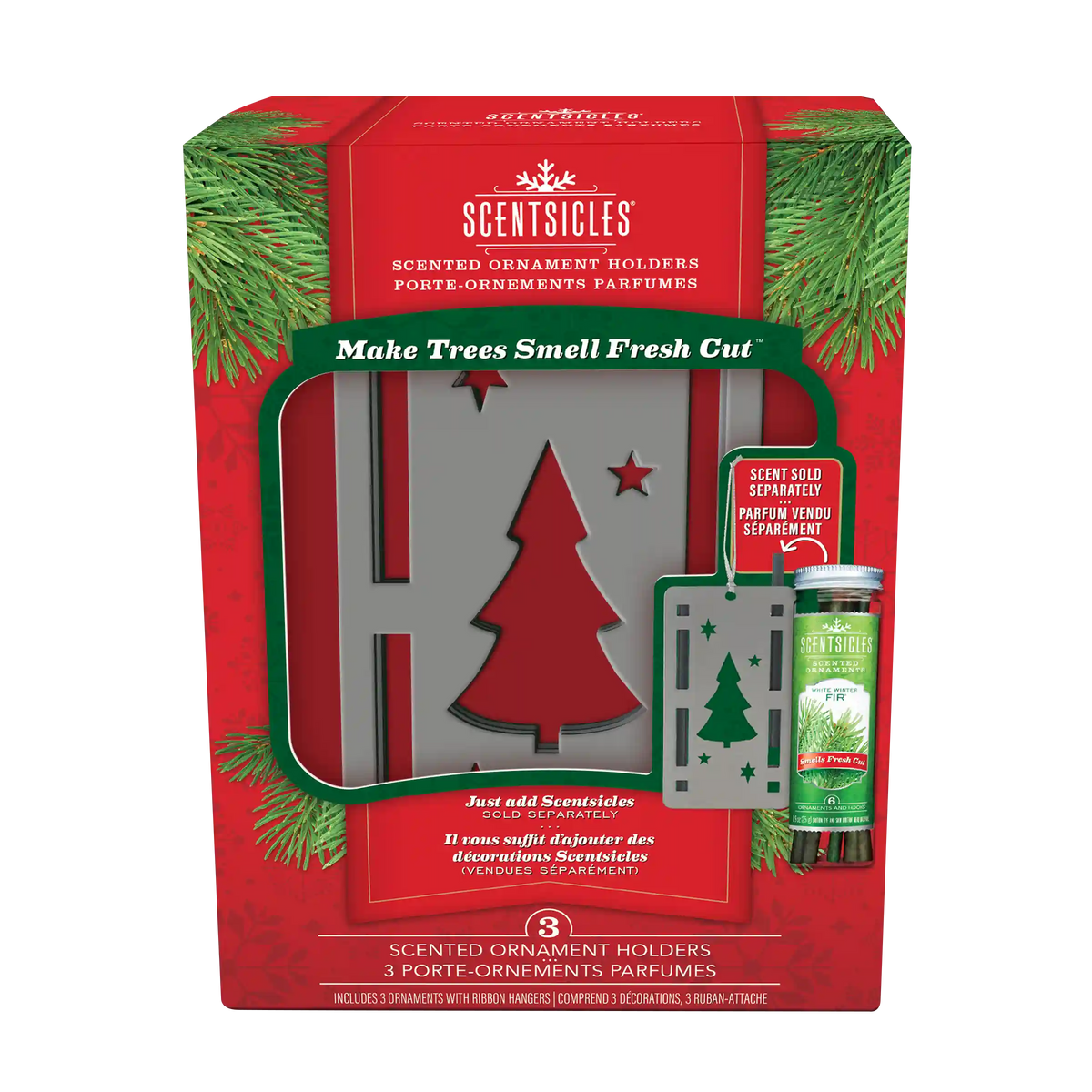 Scentsicles Trio Ornament Set of 3 and White Winter Fir Bottle of 6 Sticks
