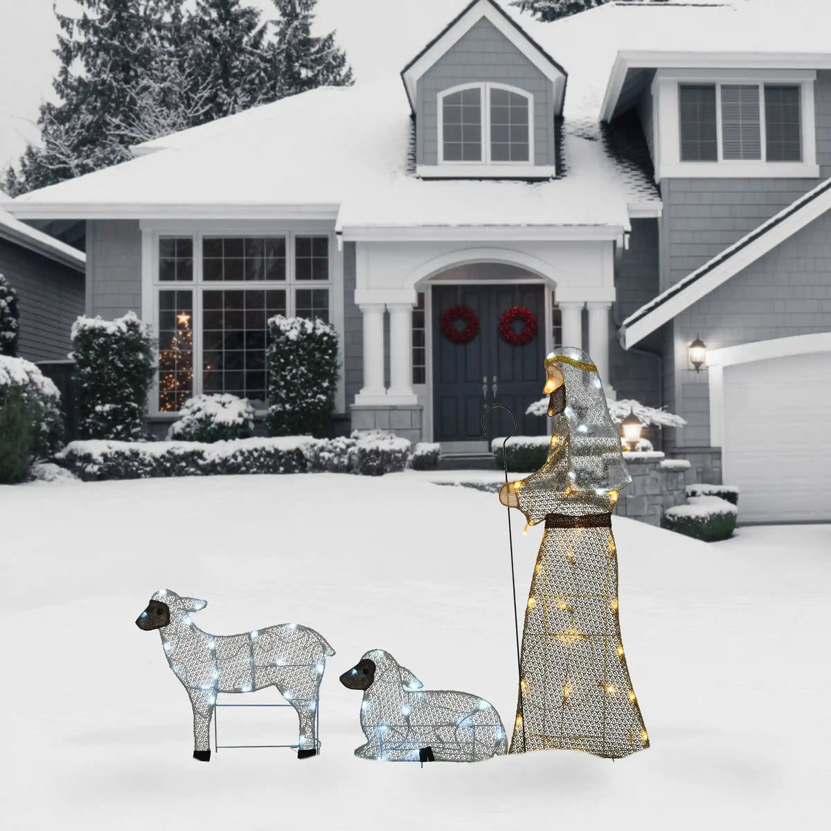41 in., 18 in. and 12 in. Fabric Glitter Shepherd and Sheep Set with Warm and Cool White Steady LED Lights, Plug-In
