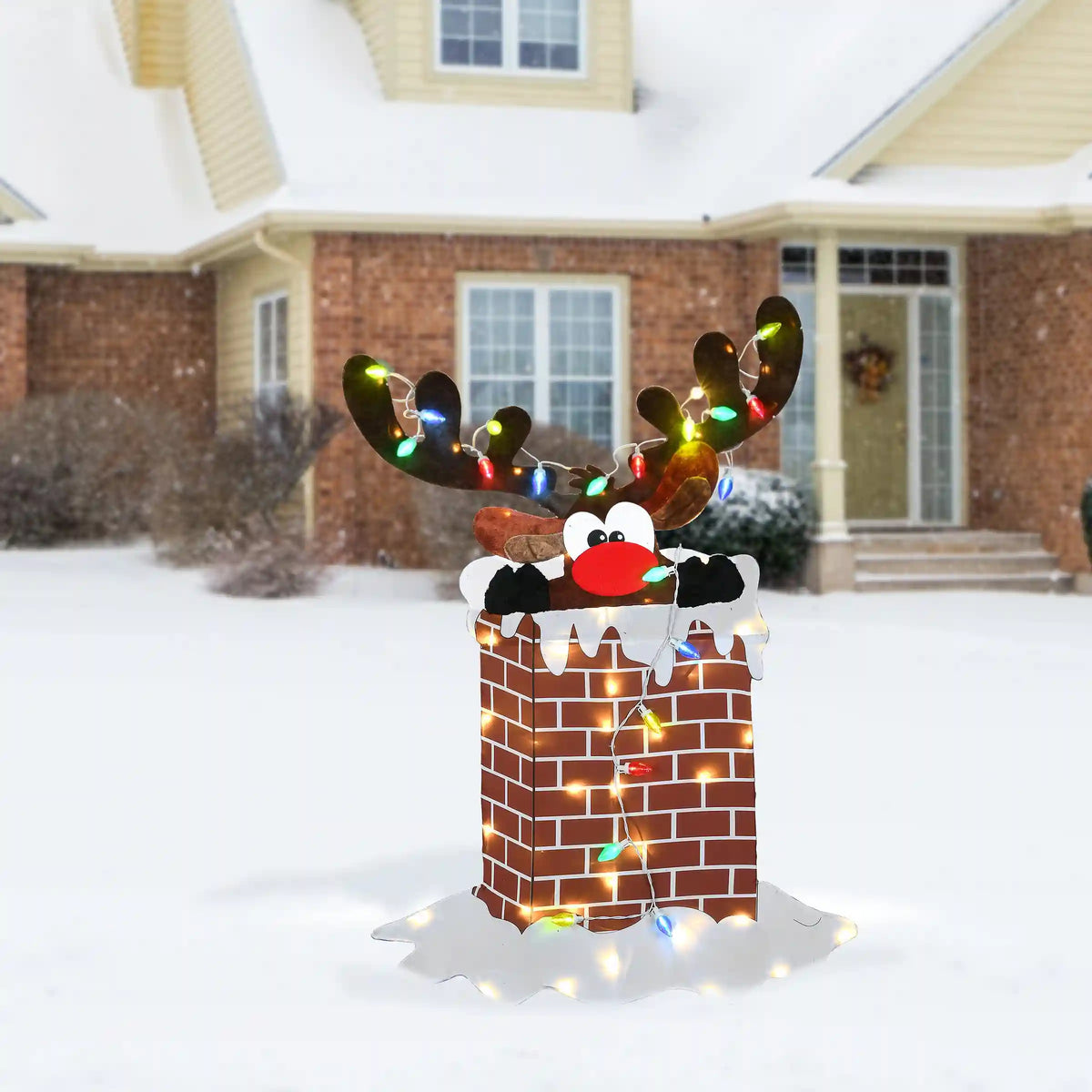 47 in. Pre-Lit Reindeer Stuck in Chimney Decoration, Plug-In