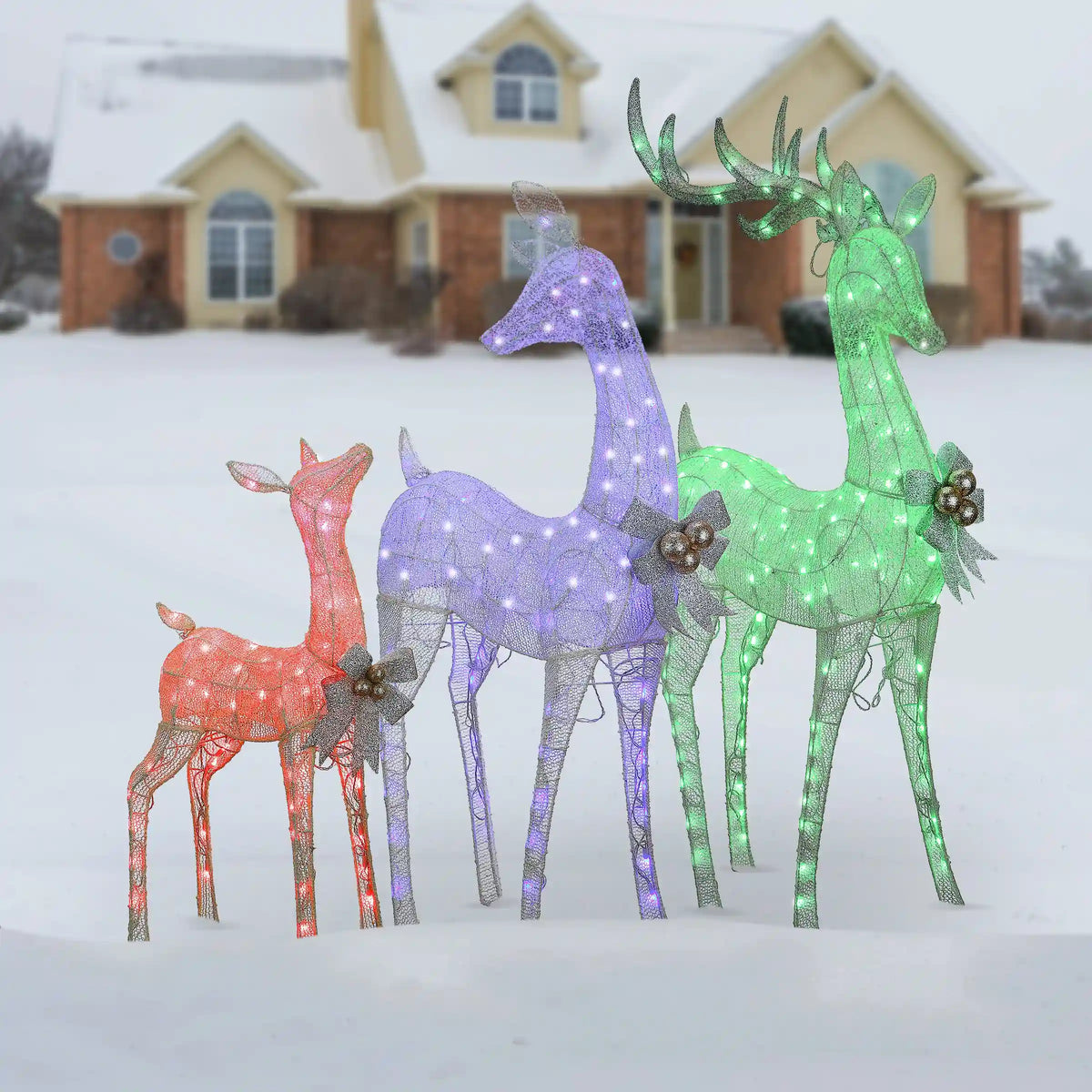 36 in., 52 in. and 60 in. Mesh Glittered Deer Family with LED Lights, Plug-In