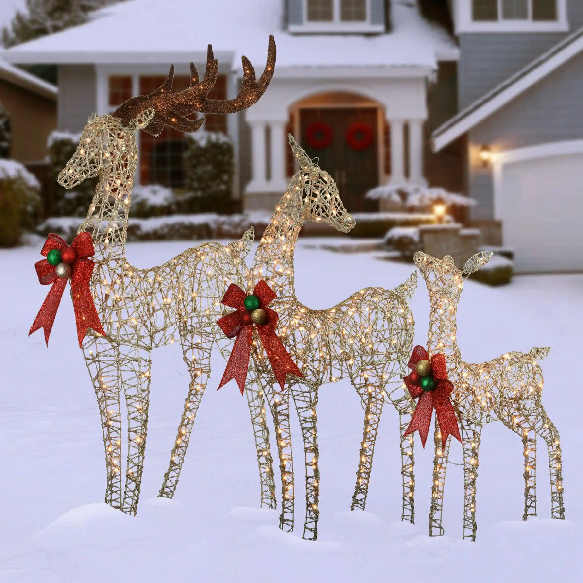 60 in., 52 in. and 36 in. Champagne Glitter Deer Family with 370 Warm White LED Lights, Plug-In