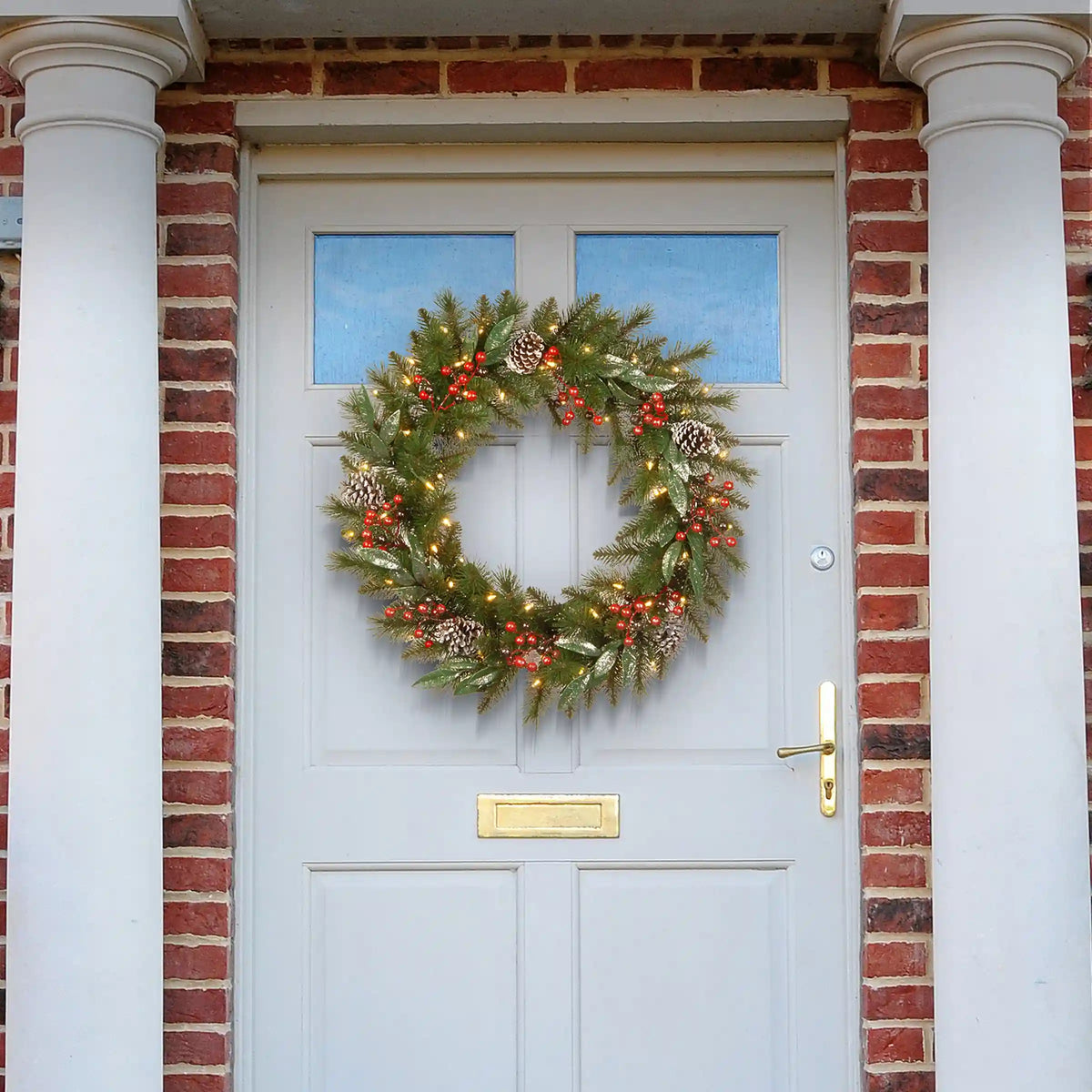24 in. Pre-Lit Frosted Pine Berry Wreath with LED Lights