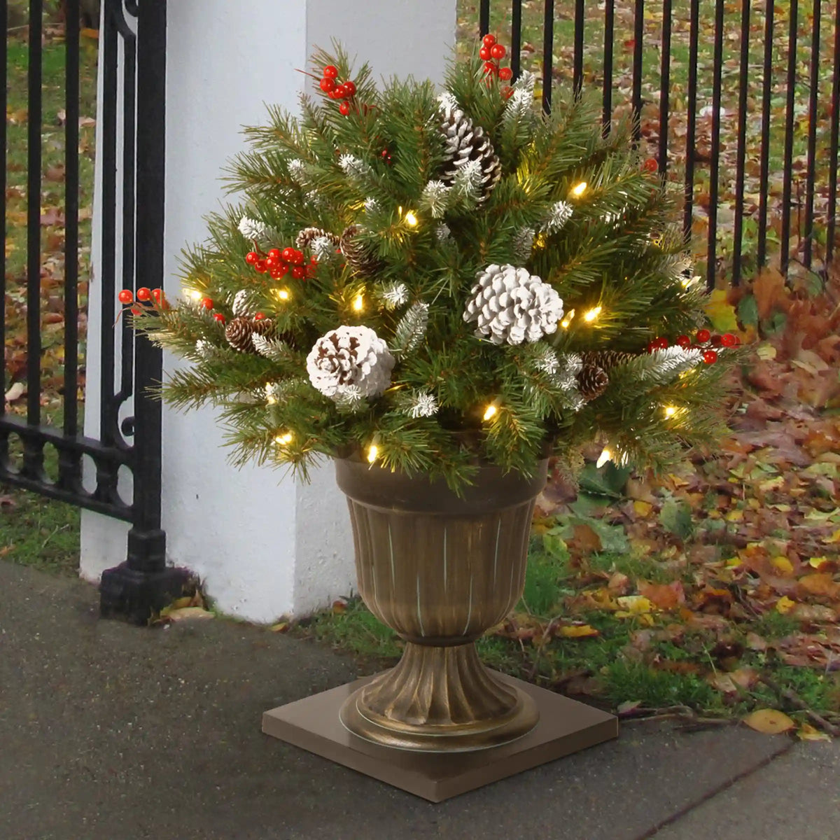 24 in. Pre-Lit Frosted Berry Porch Bush with Clear Lights, Plug-In
