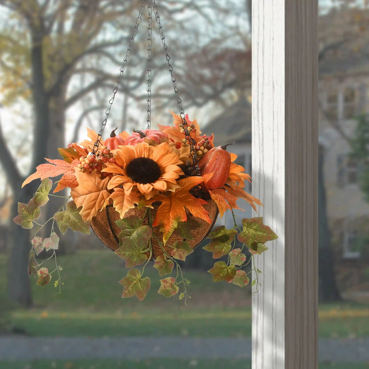 18 in. Fall Hanging Basket with Ivy Leaves, Sunflowers, Cones, Berries, Gourds, Pumpkin