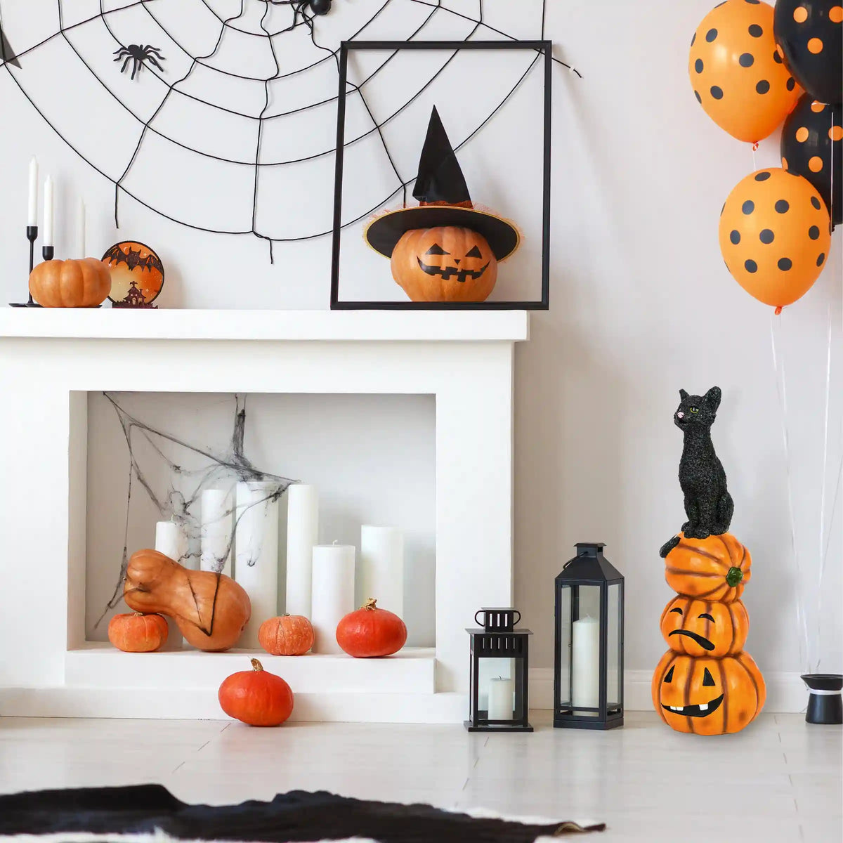 32 in. Halloween Black Cat with Pumpkin Stack Tabletop Decoration