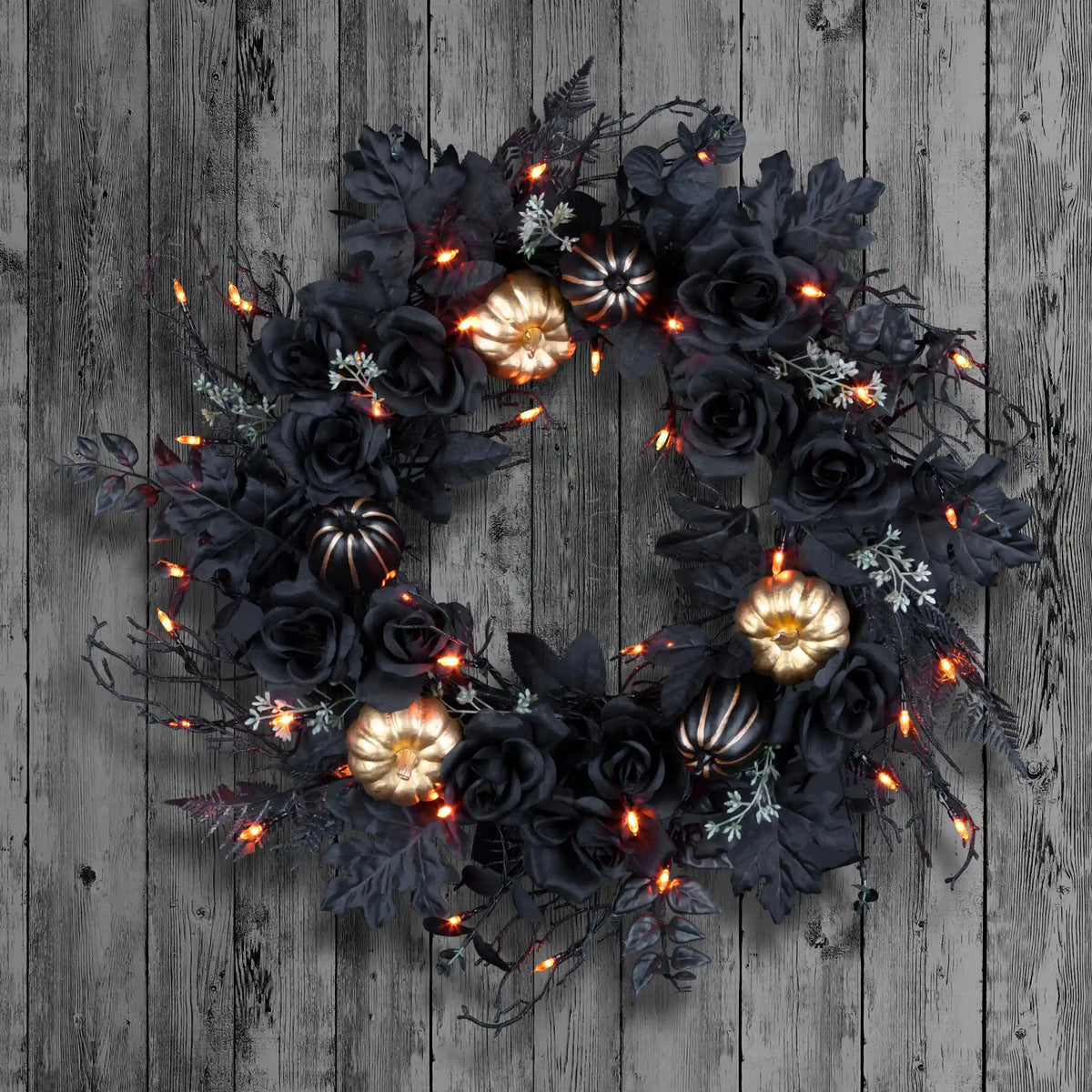 24 in. Halloween Chic Eek Black and Gold Wreath with LED Lights