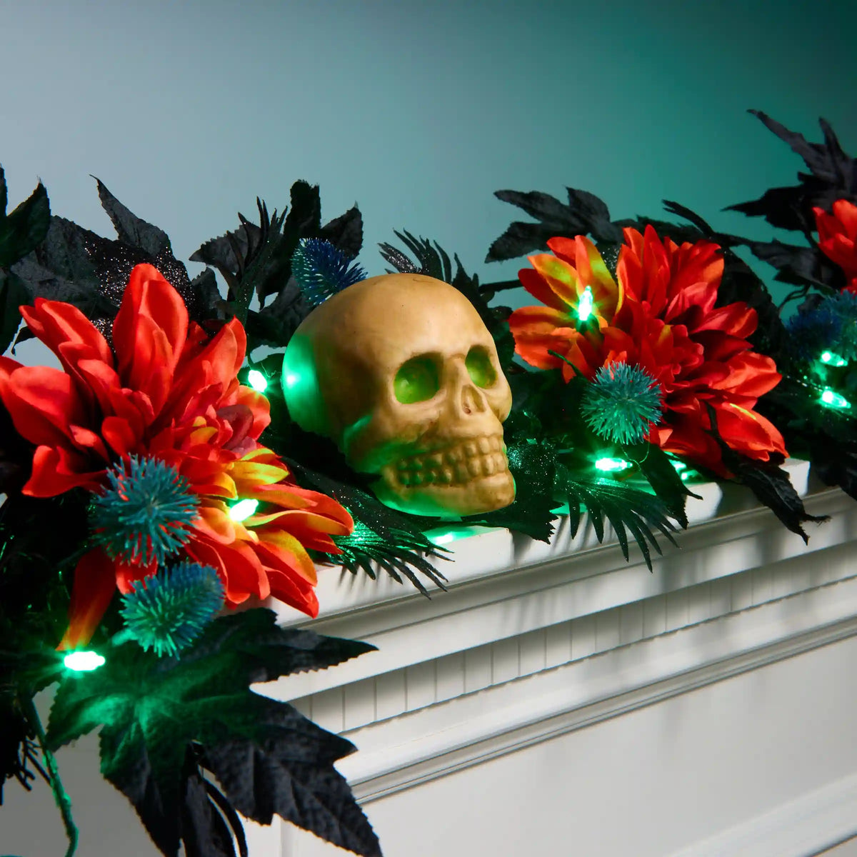 6 ft. Halloween Boo-tiful Garland with Orange Dahlia Flowers, White Skulls, LED Lights