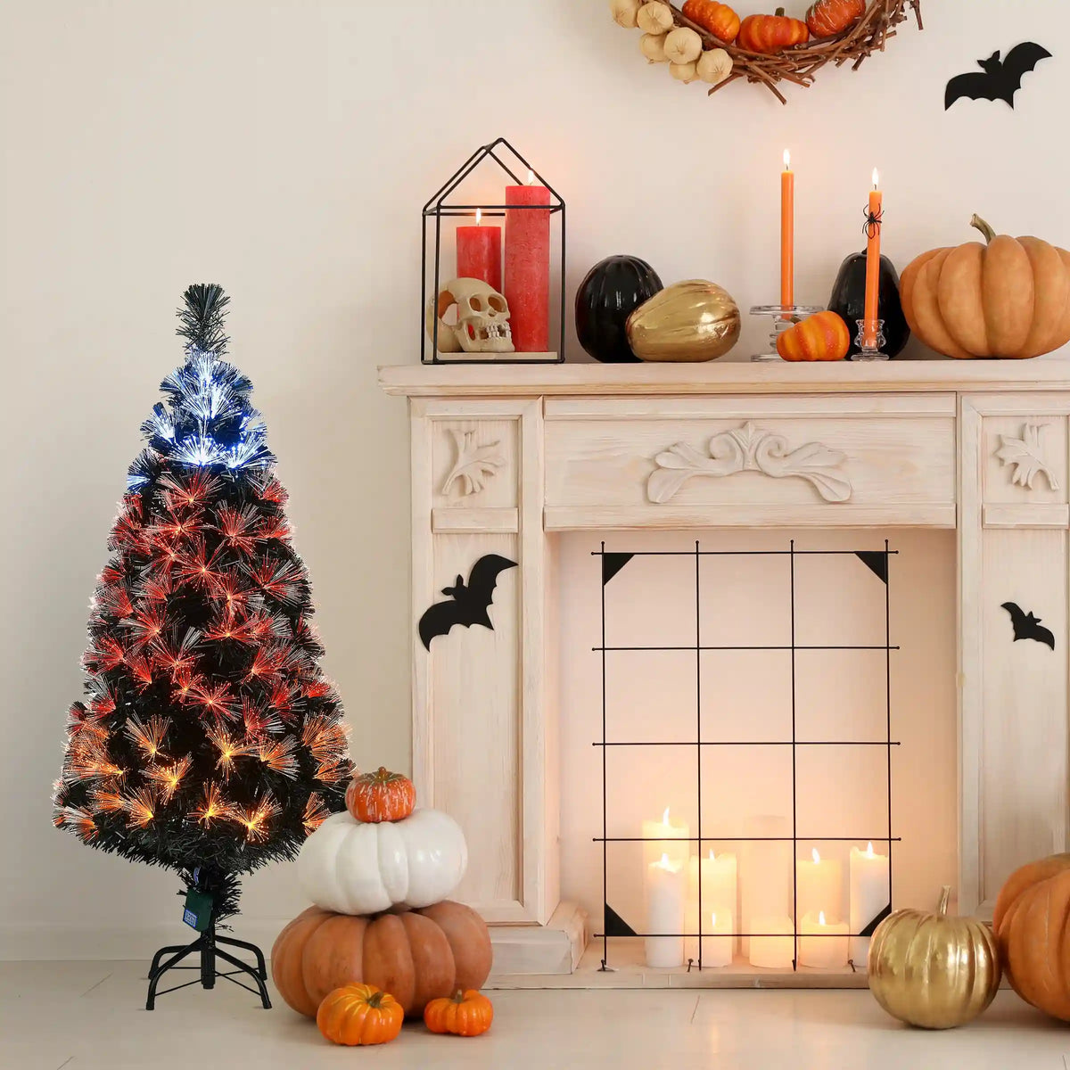 4 ft. Halloween Pre-Lit Black Tree with Fiber Optic, Candy Corn LED Light, Plug-In