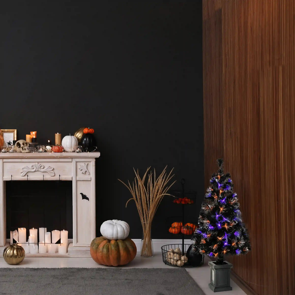 4 ft. Halloween Pre Lit Black Tree Decoration with Fiber Optic, LED Lights, Plug-In