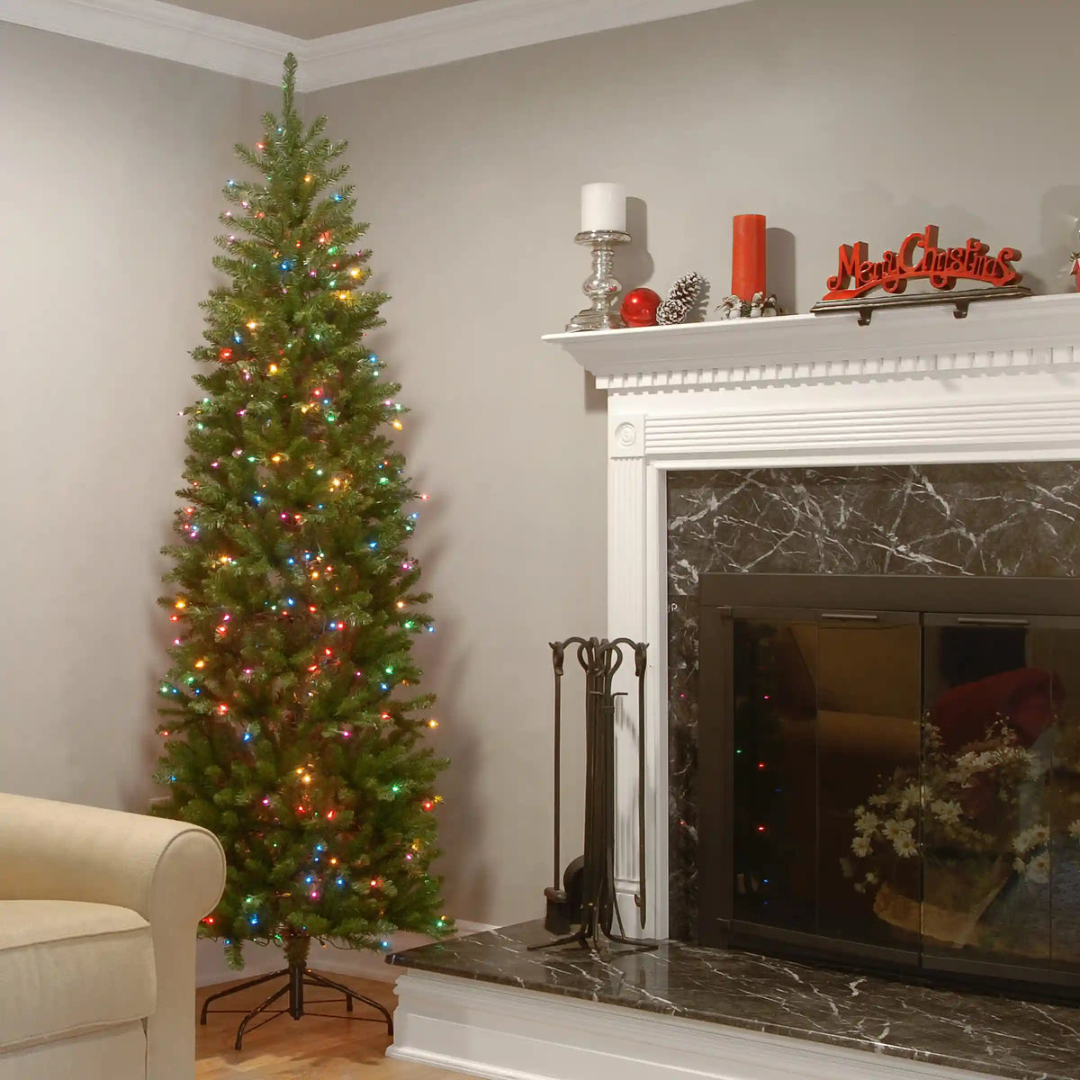 7.5 ft. Pre-Lit Kingswood Fir Pencil Tree with Multicolor Lights, Plug-In