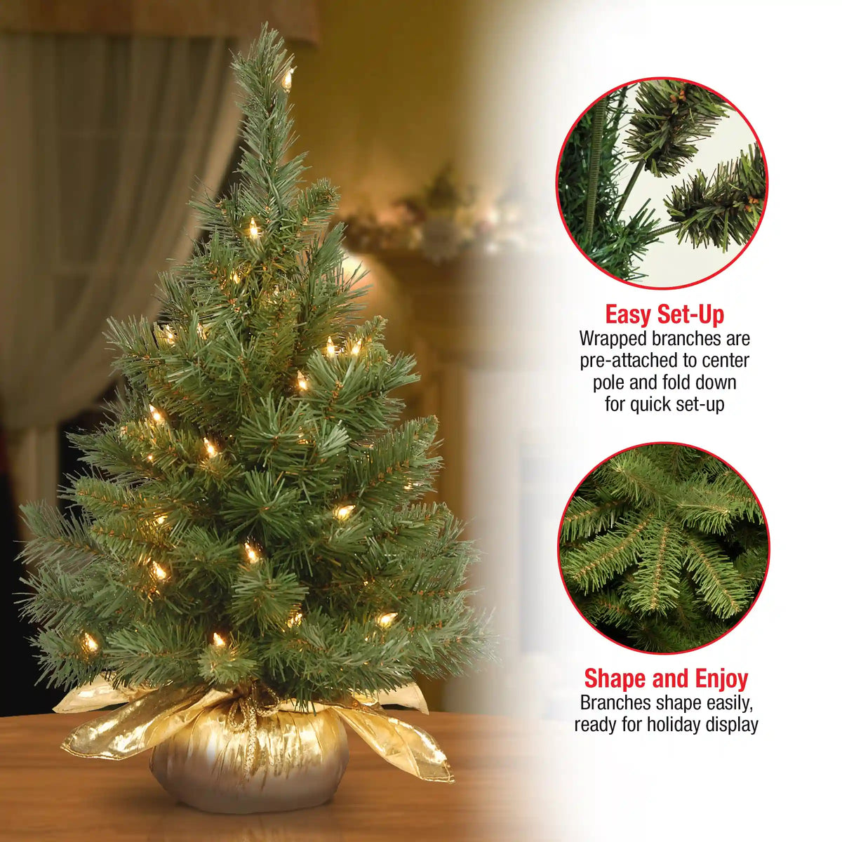2 ft. Pre-Lit Majestic Fir Tree with Clear Lights, Gold Base, Plug-In