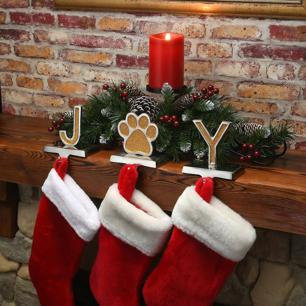 5 in. 3-Pieces Gold Sparkle JOY Christmas Stocking Holders, Gold and Silver with Paw Print