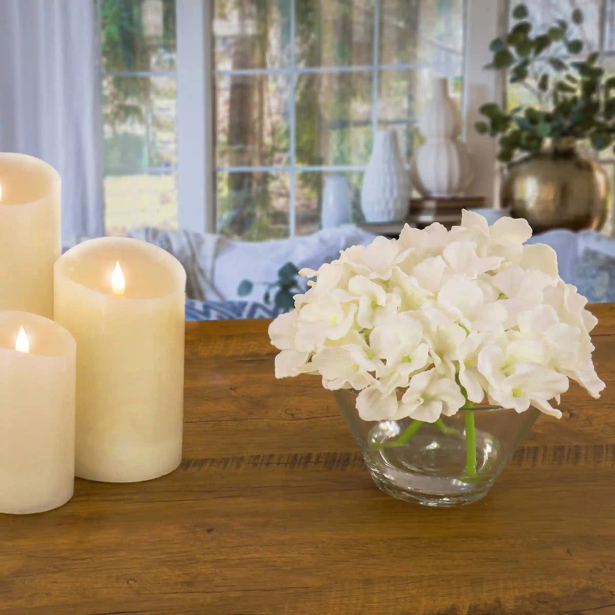 8 in. Spring White Hydrangea Bouquet in Glass Vase