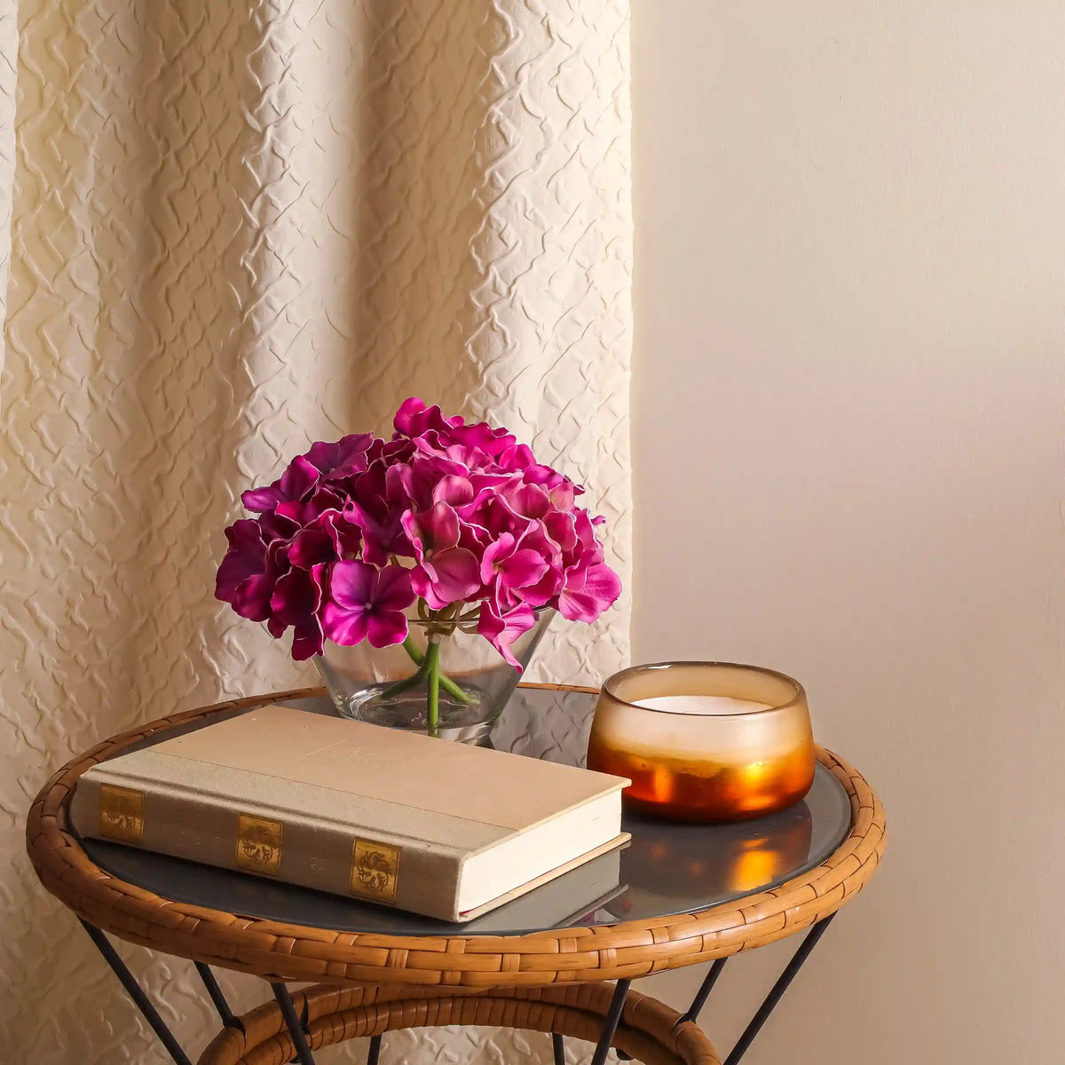 8 in. Spring Dark Purple Hydrangea Bouquet in Glass Vase