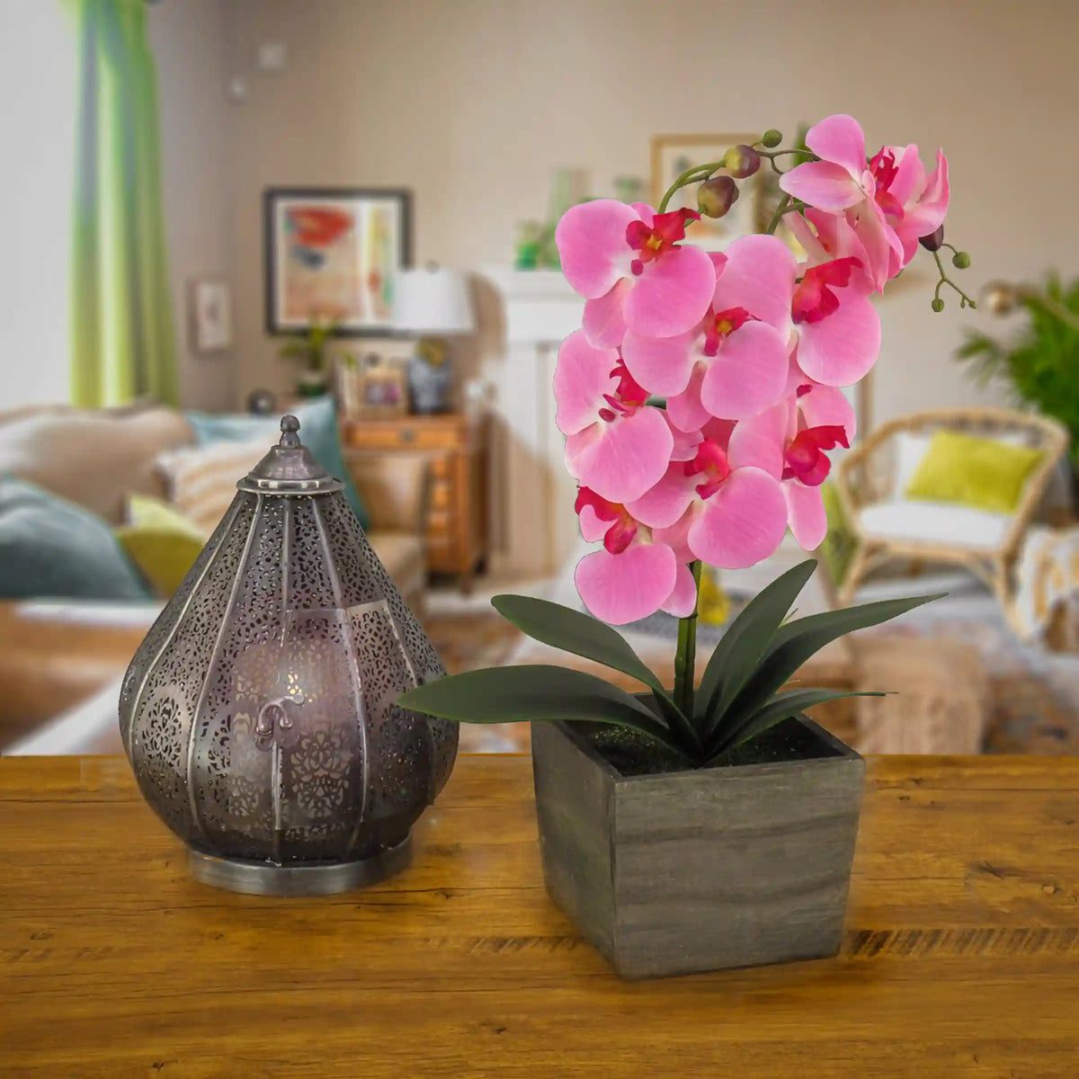 21 in. Spring Pink Orchid Flower in Wood Box