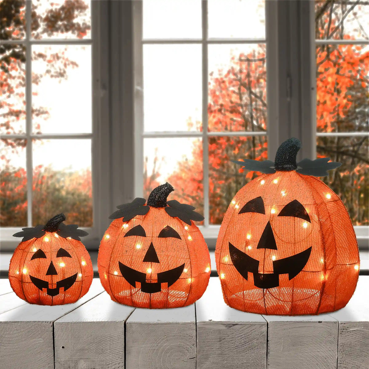 15 in. 3-Piece Halloween Pre-Lit Happy Jack-O-Lantern Trio with LED Lights, Plug-In