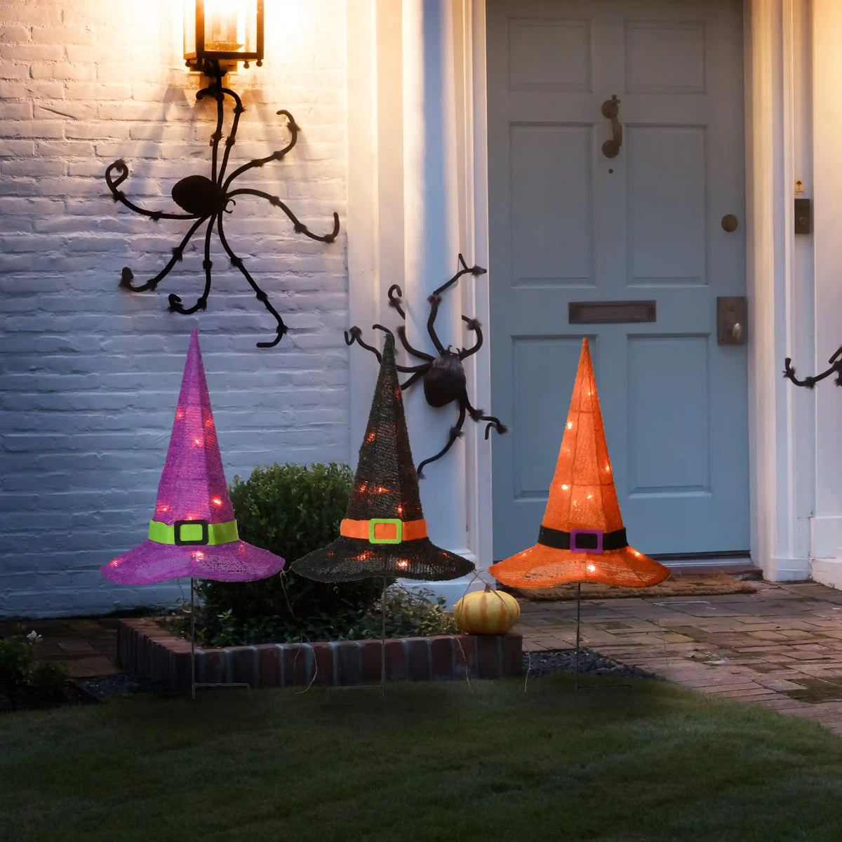 23 in. Halloween Orange,Black and Purple Witchs Hat Garden Stakes with LED Lights