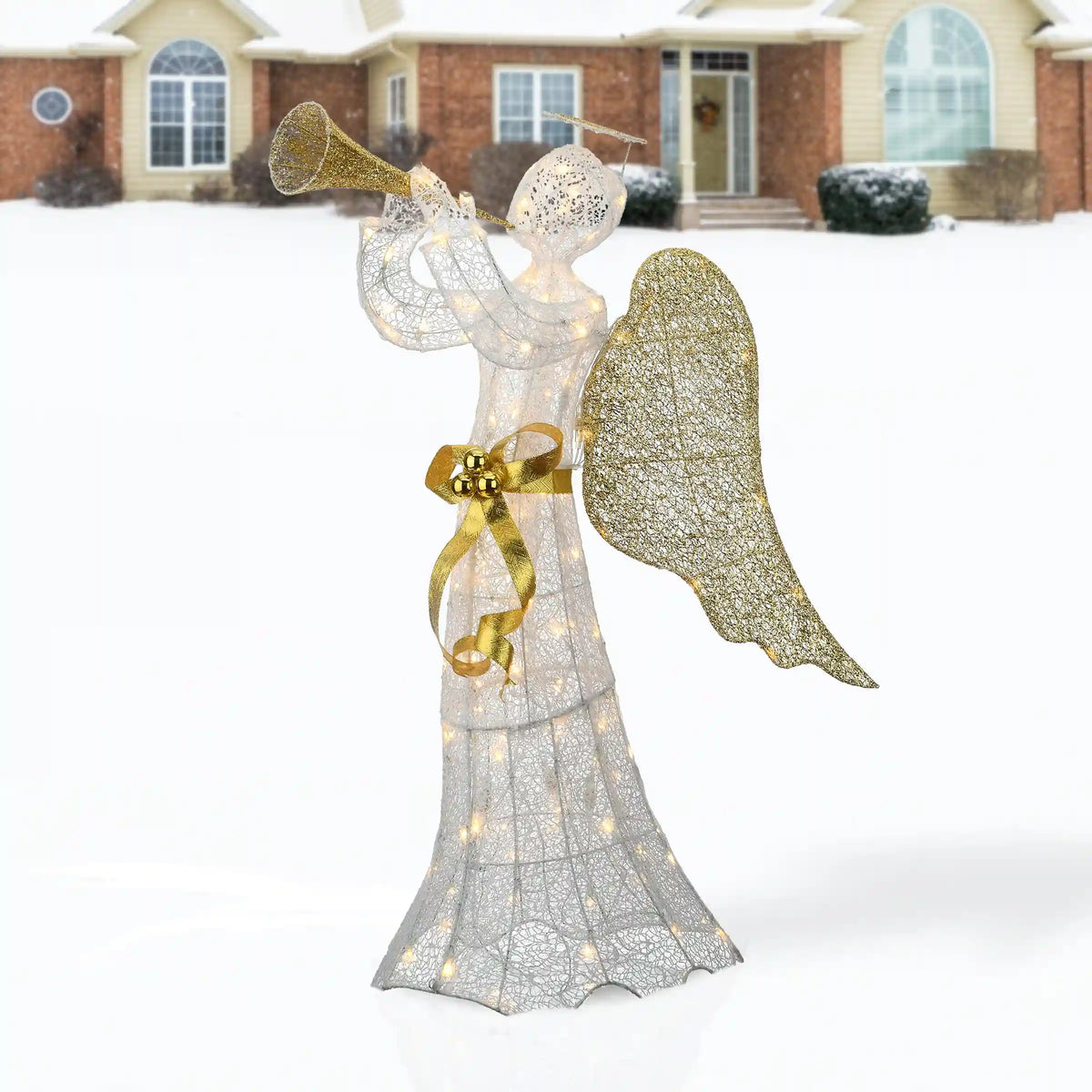 51 in. Trumpeting Gold and White Angel with Warm White LED Lights, Plug-In