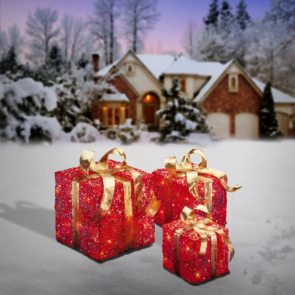 Pre-Lit Red Gift Box with Gold Bow, Set of Three, White Lights, Plug-In