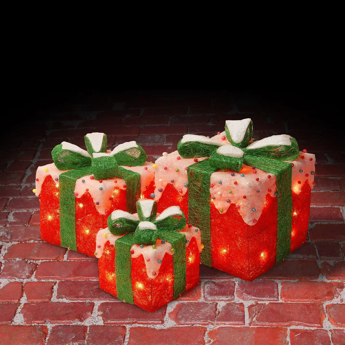 Pre-Lit Red and White Gift Boxes, Set of Three, White Lights, Plug-In