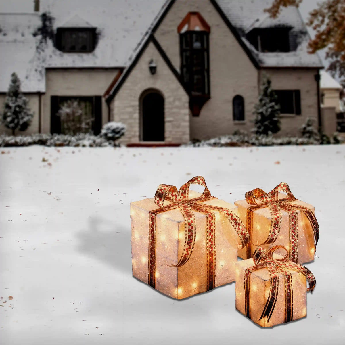 Pre-Lit White and Gold Gift Boxes, Set of Three, White Lights, Plug-In