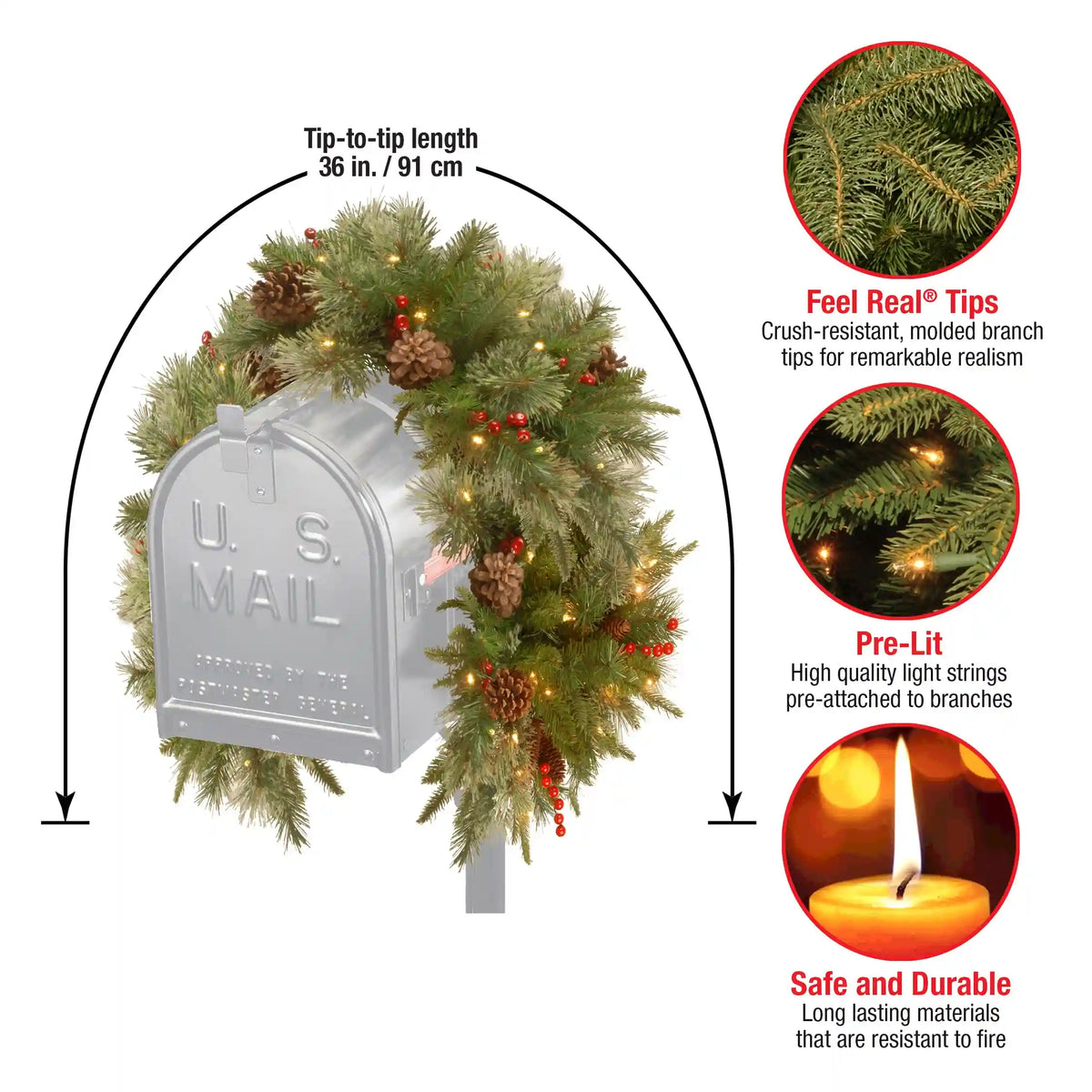 36 in. Pre-Lit Colonial Fir Mailbox Swag with LED Lights