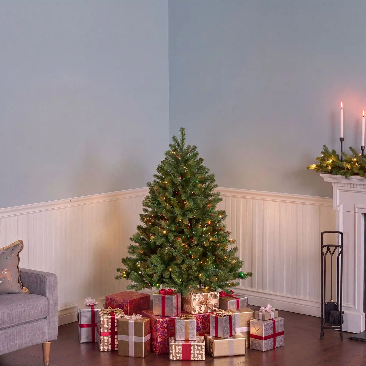 4.5 ft. Pre-Lit Downswept Douglas Fir Hinged Tree with Multicolor Lights, Plug-In