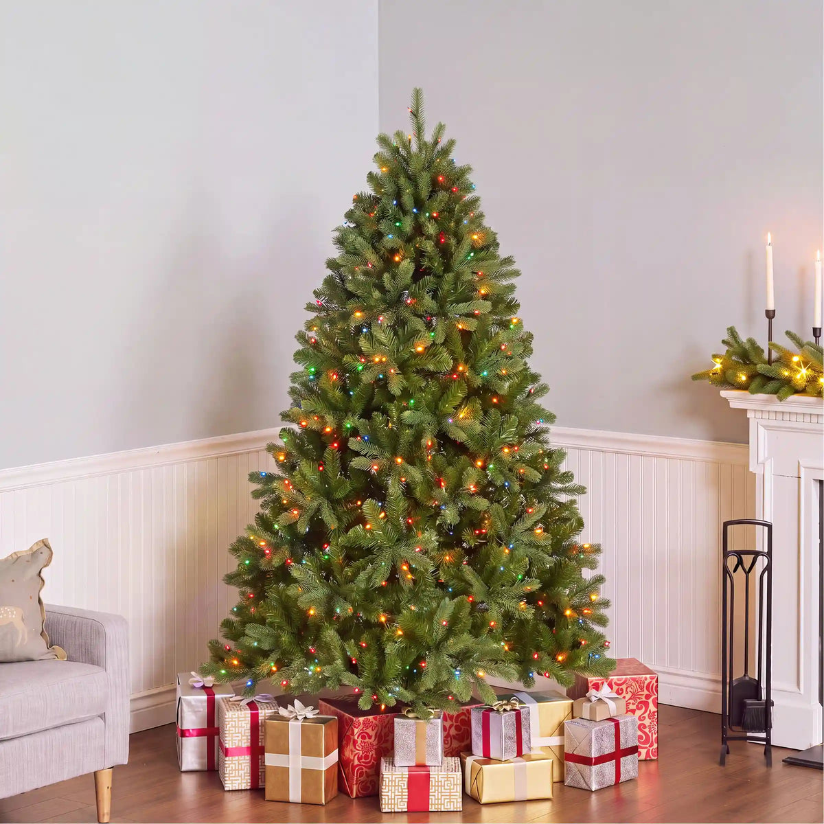 6.5 ft. Pre-Lit Downswept Douglas Fir Hinged Tree with Multicolor Lights, Plug-In
