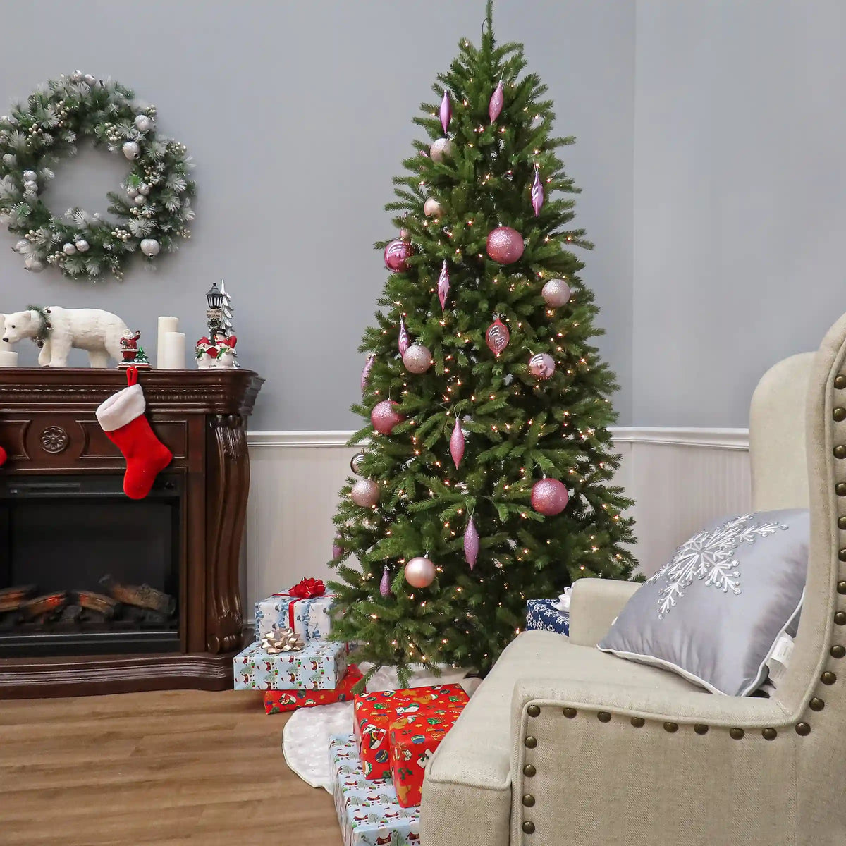 6.5 ft. Pre-Lit Jersey Fraser Fir Pencil Slim Tree with Clear Lights, Plug-In