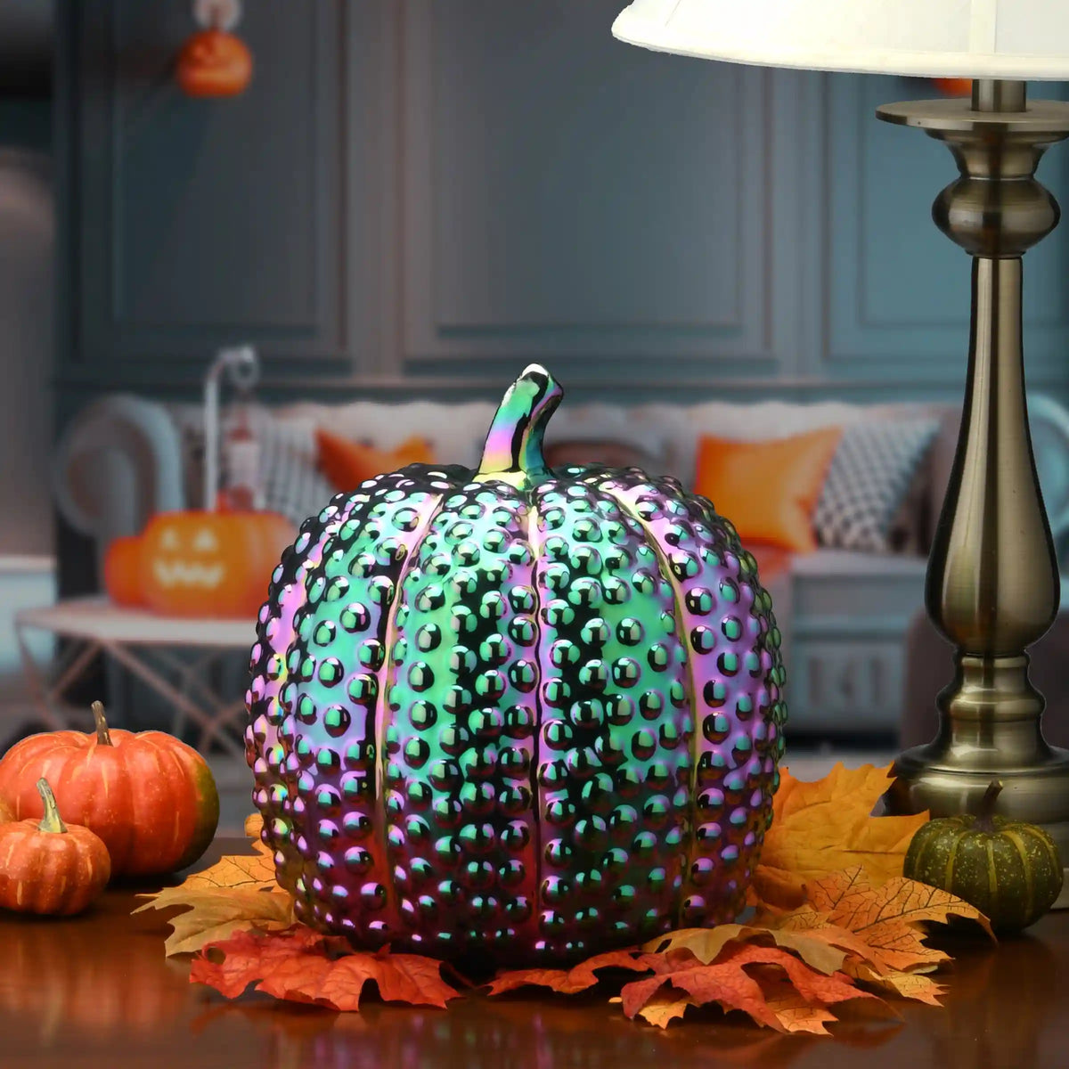 10 in. Halloween Ceramic Iridescent Purple Pumpkin Decoration
