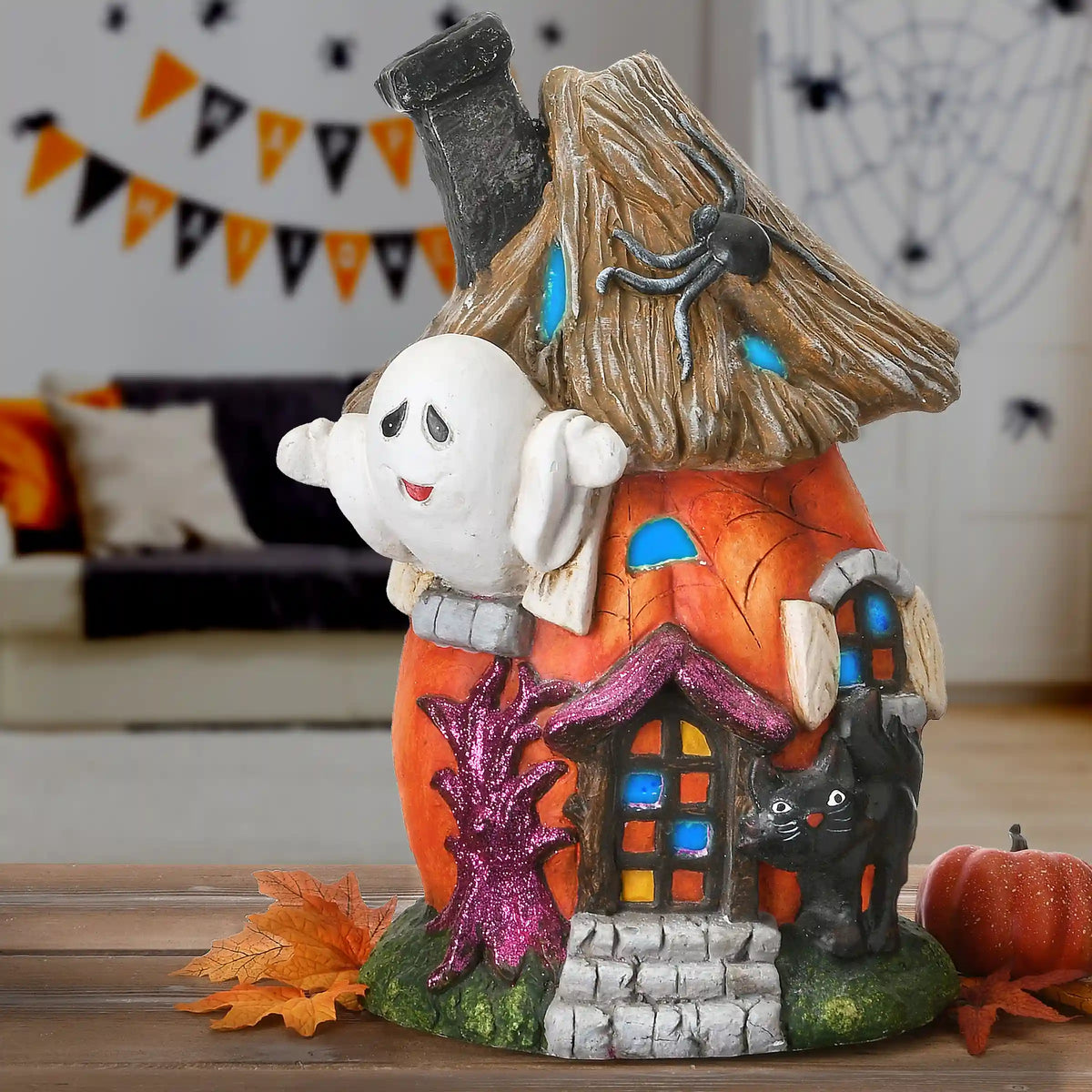 18 in. Halloween Pre-Lit Pumpkin Haunted House Decoration with LED Lights
