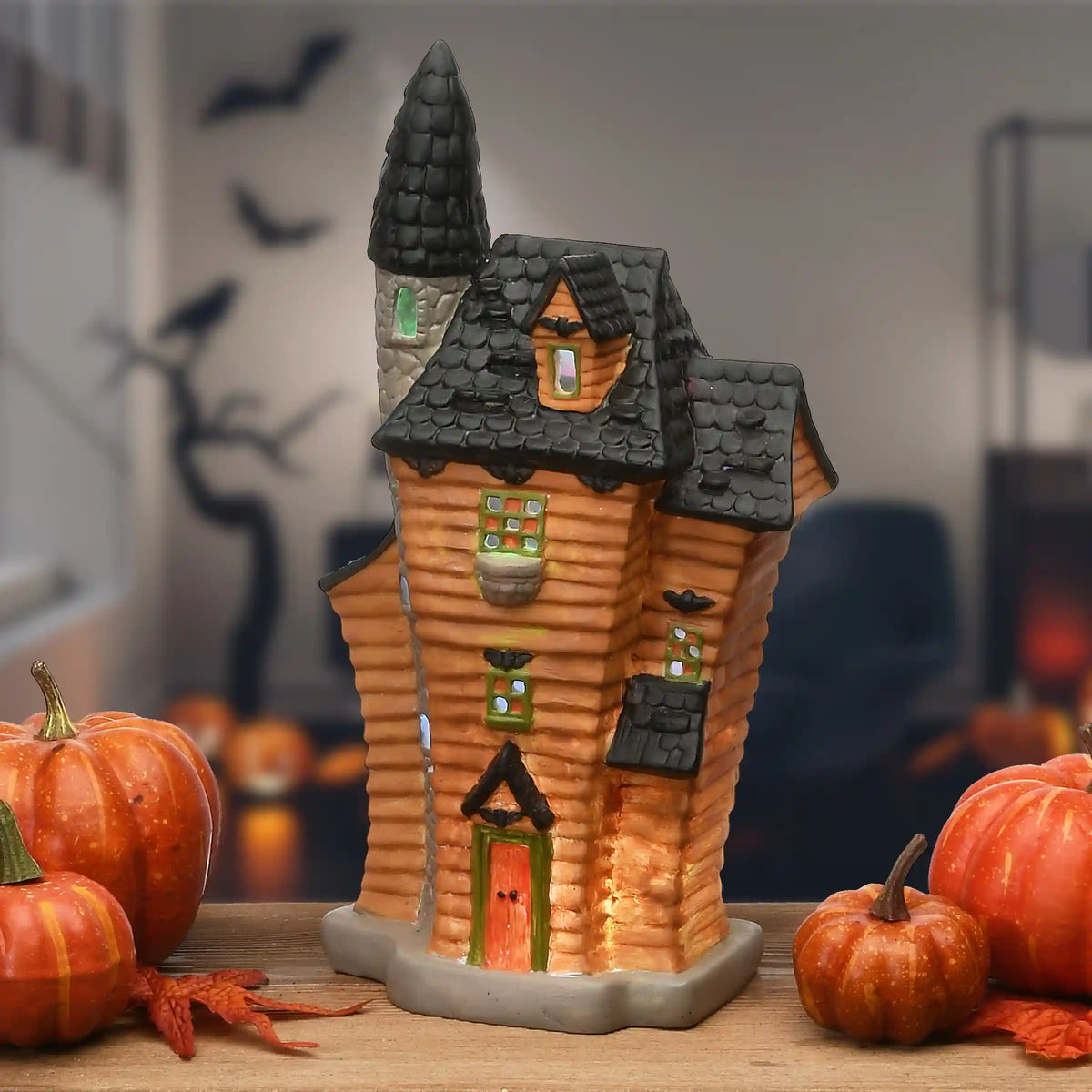 12 in. Halloween Pre-Lit Black Haunted House Decoration with LED Lights