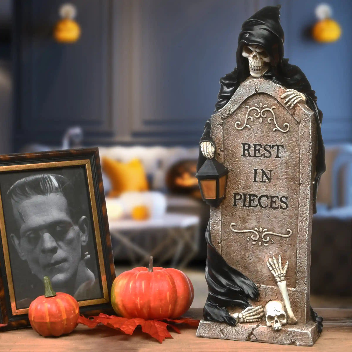 16 in. Halloween Skeleton Grim Reaper Standing with a Gravestone Decoration