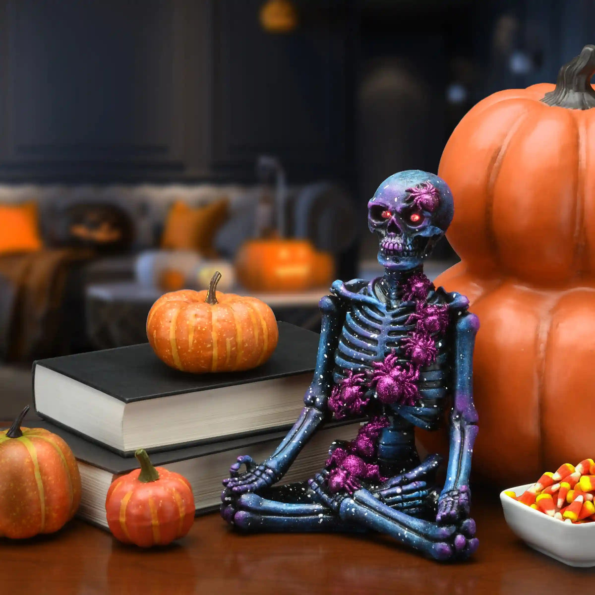 10 in. Halloween Purple Galaxy Meditating Skeleton with LED Lights