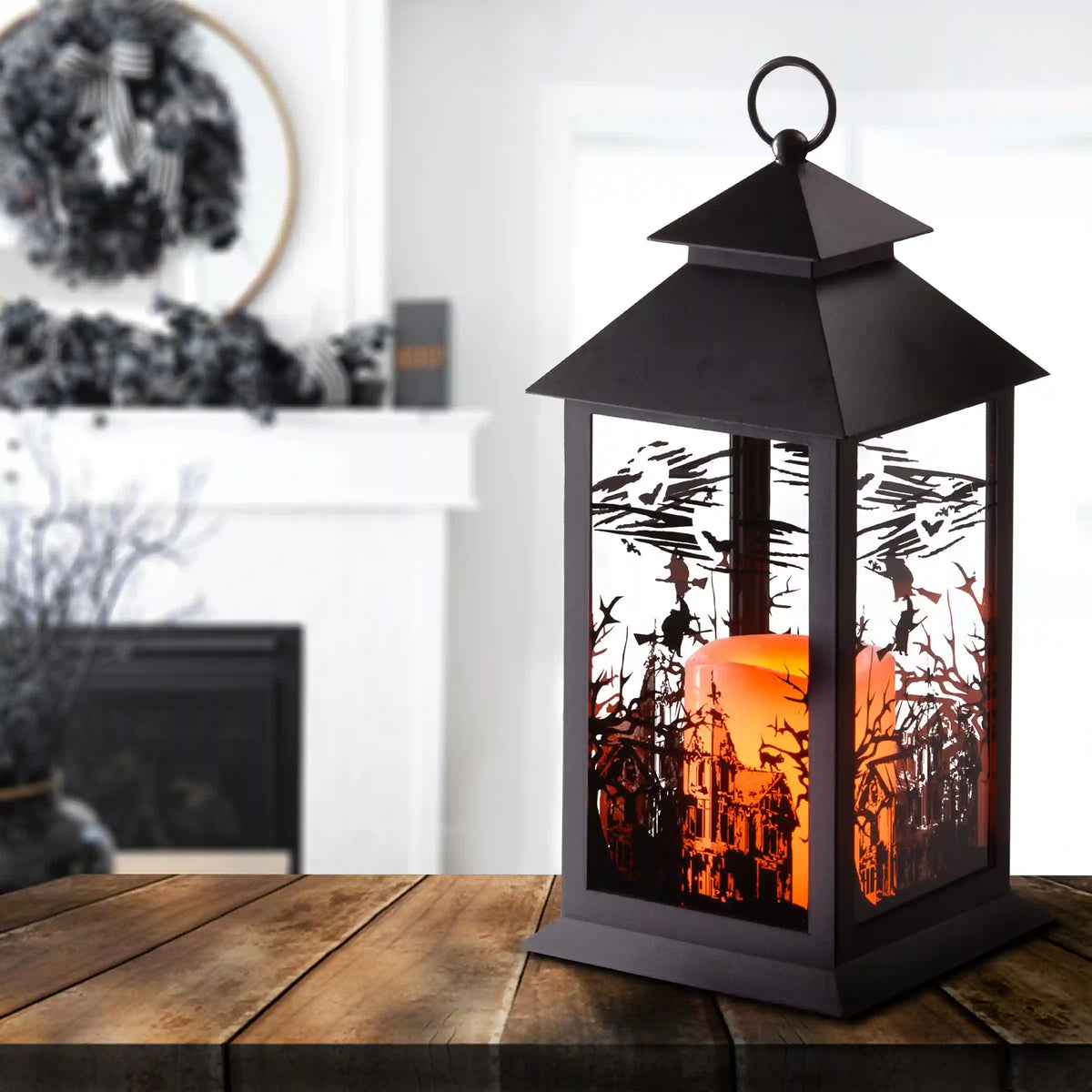 12 in. Halloween Carved Images of Witches Haunted House Lantern with LED Lights