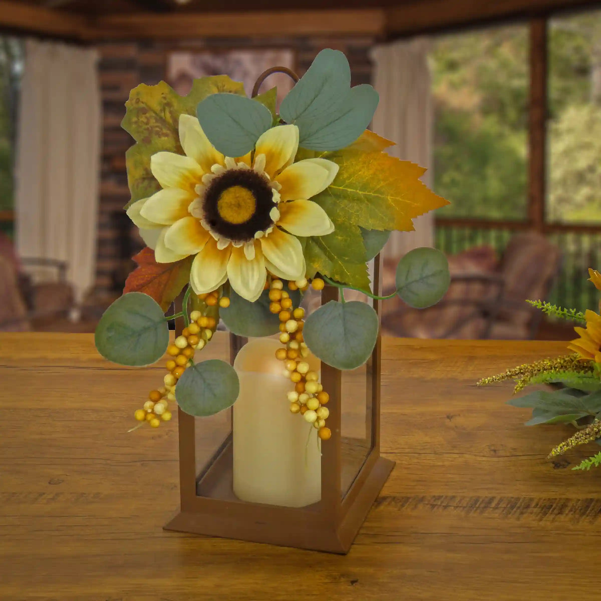 13 in. Fall Lantern with Sunflower, Maple Leaves, Eucalyptus, Berry