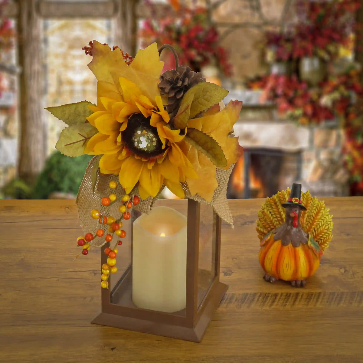 14 in. Fall Lantern with Sunflower, Mixed Leaves, Pinecone and Bow