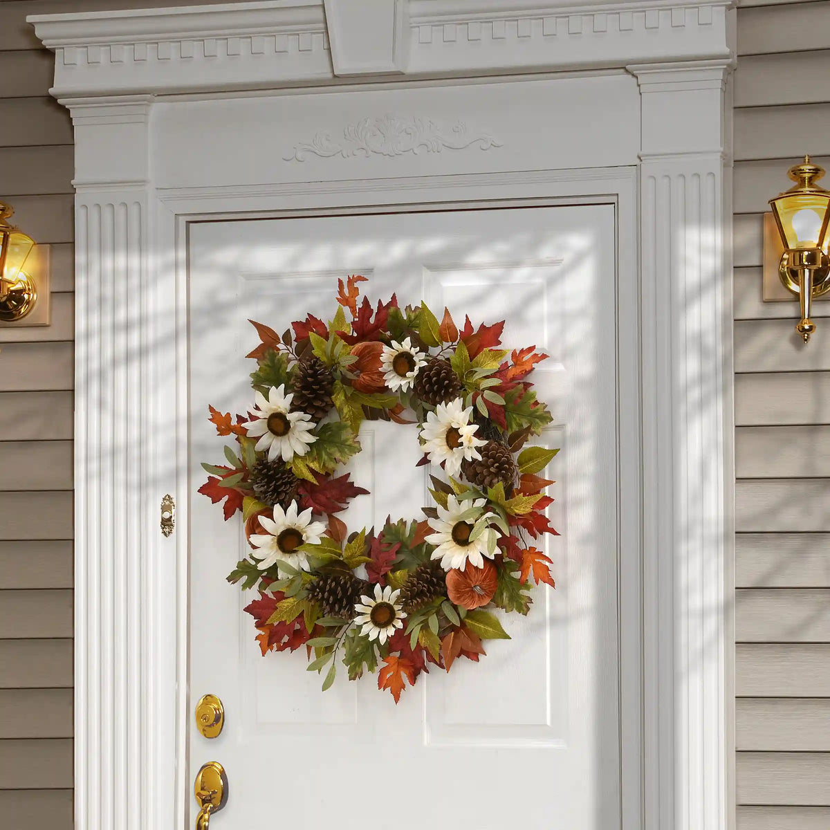 32 in. Fall Wreath with Pumpkin Gourds, Pine Cones, Maple Leaves, Sunflower Blooms