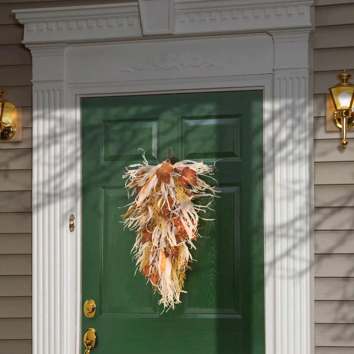 30 in. Fall Teardrop with Raffia Leaves, Corn Cobs, Berry Clusters