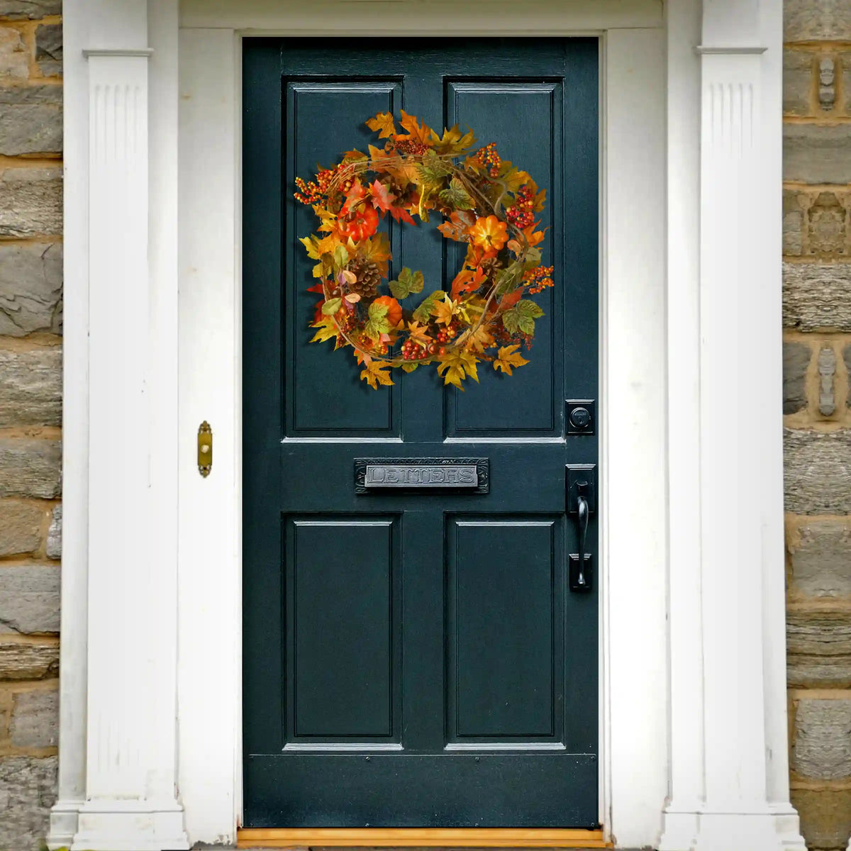 24 in. Fall Wreath with Pumpkins, Pinecones, Berry Clusters, Maple Leaves