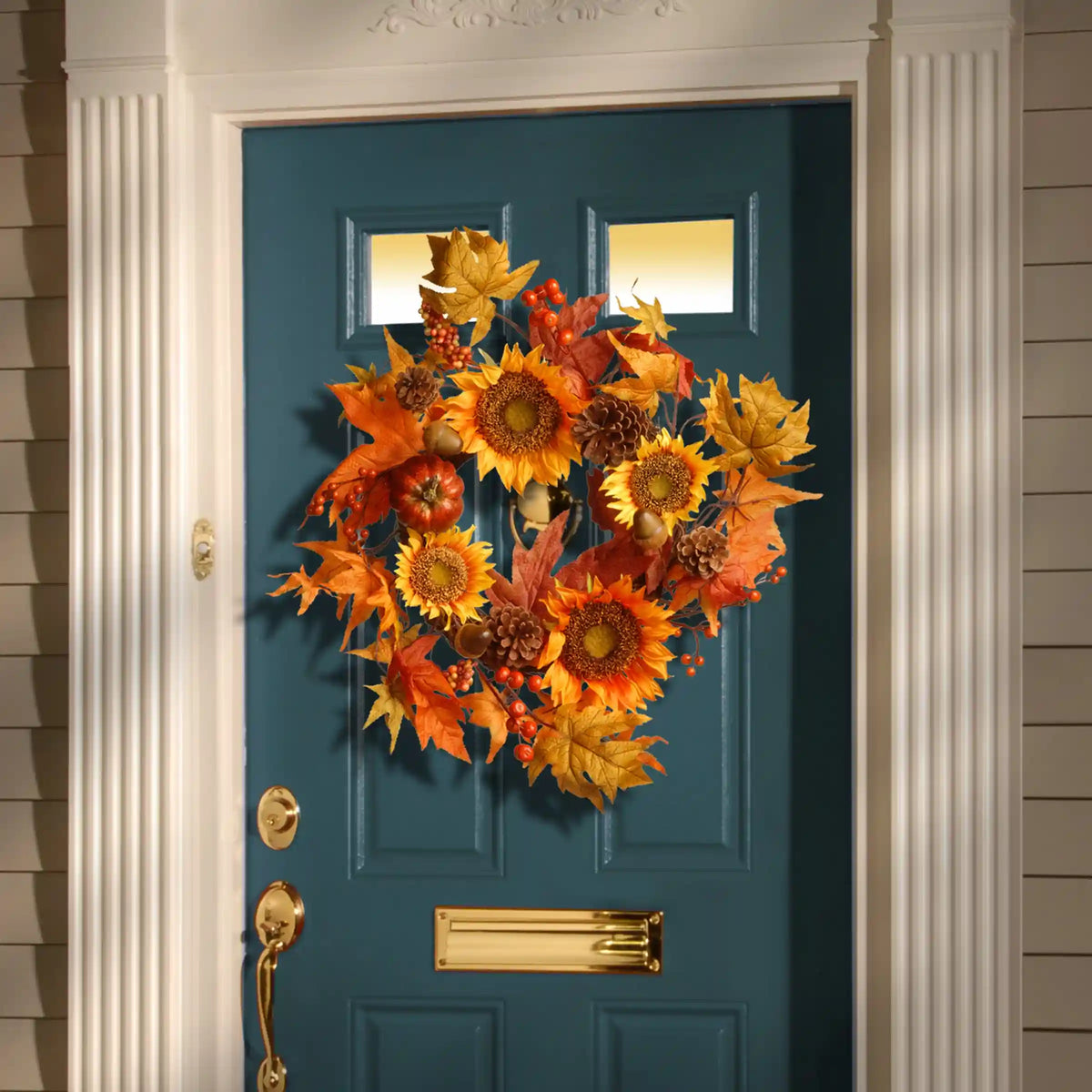 22 in. Fall Wreath with Sunflowers, Pinecones, Berry Clusters, Acorns, Pumpkins, Maple Leaves