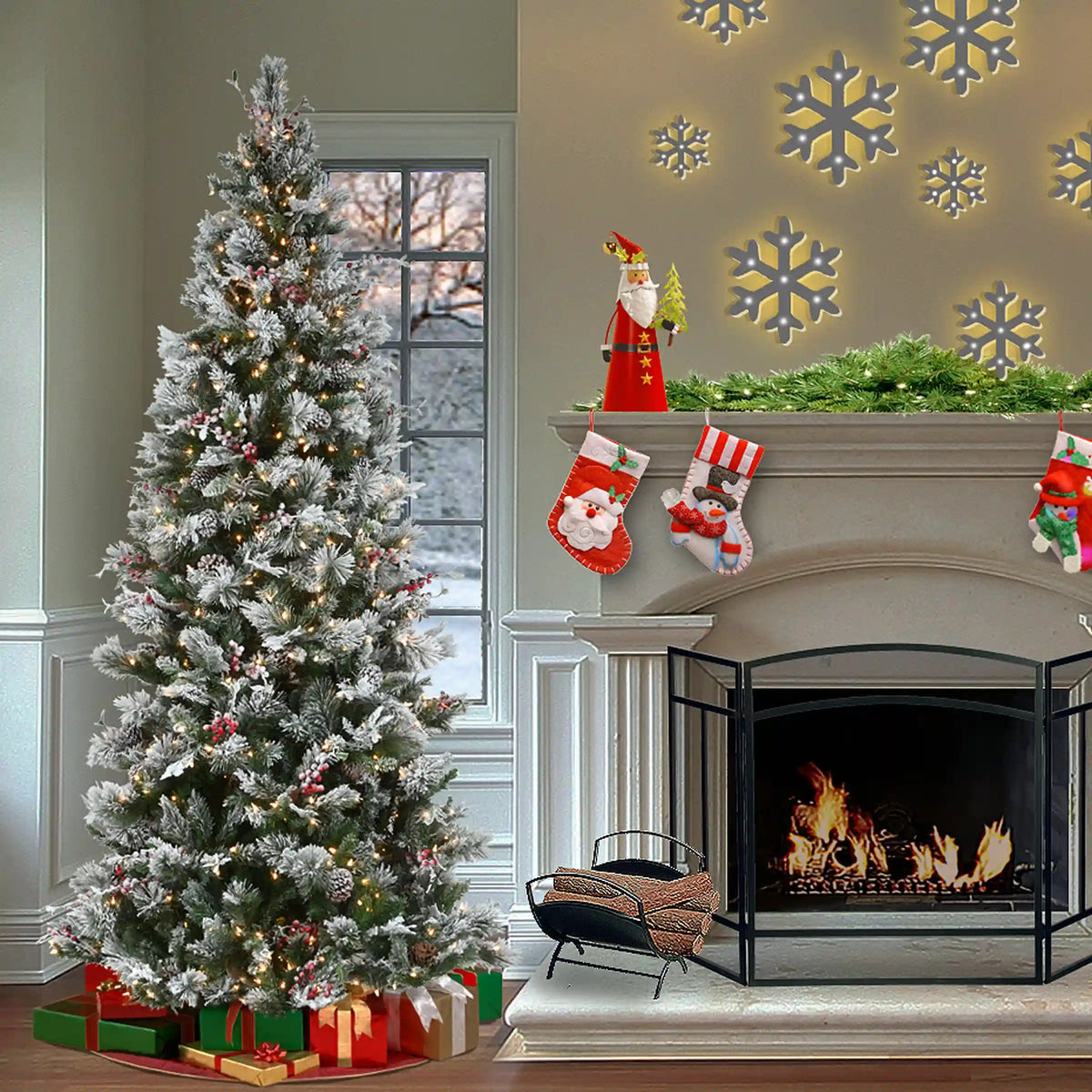 9ft. Pre-Lit Snowy Bedford Pine Hinged Tree with PowerConnect Clear Lights, Plug-In