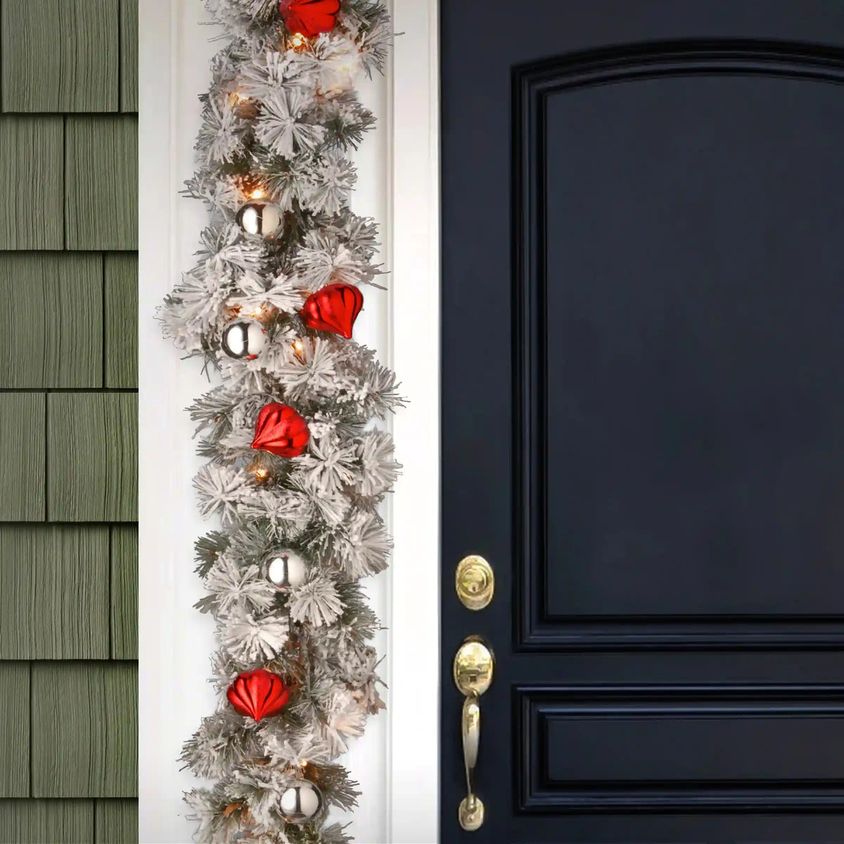9 ft. Pre-Lit Snowy Bristle Pine Garland with Clear Lights and Ornaments, Plug-In
