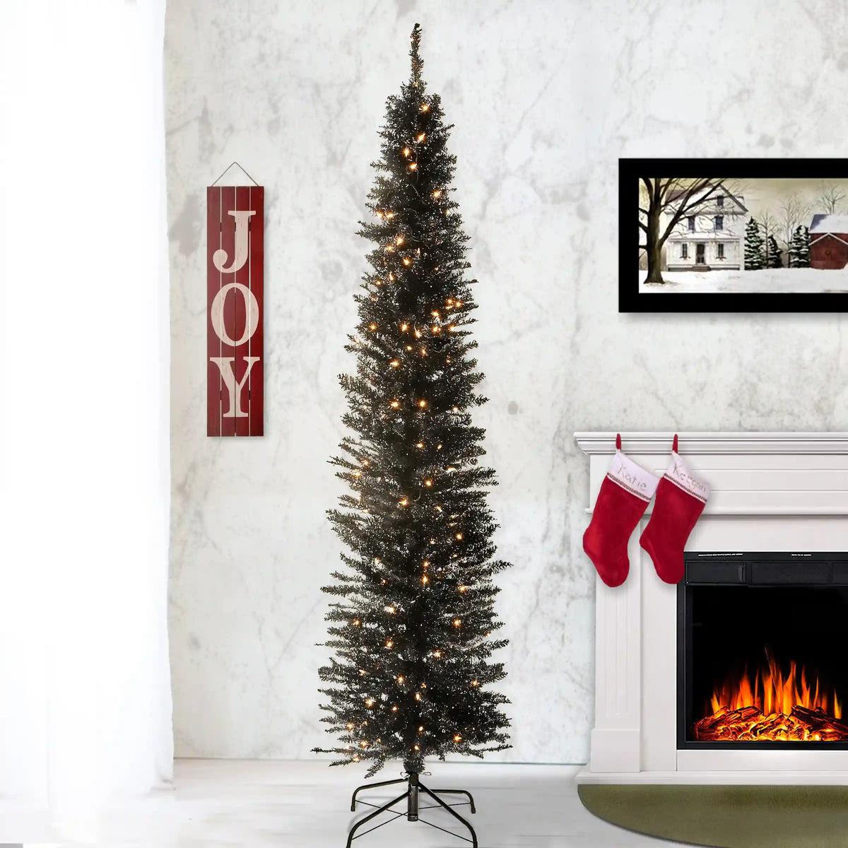 7 ft. Pre-Lit Tinsel Collection Black Tree with Clear Lights, Plug-In