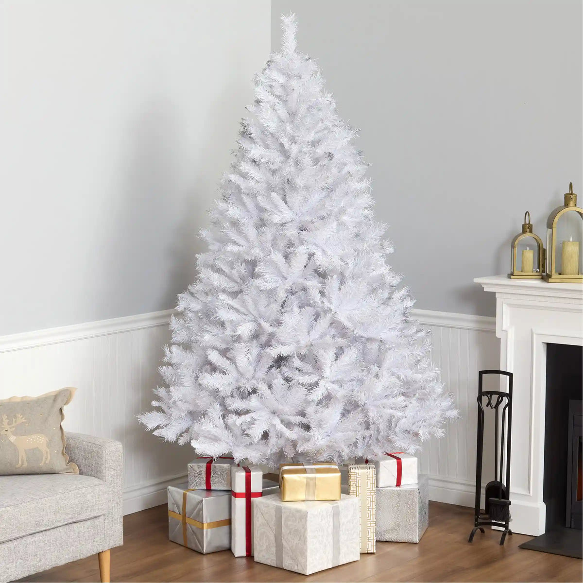 7.5 ft. Pre-Lit Winchester Pine White Tree with Clear Lights and Silver Glitter, Plug-In