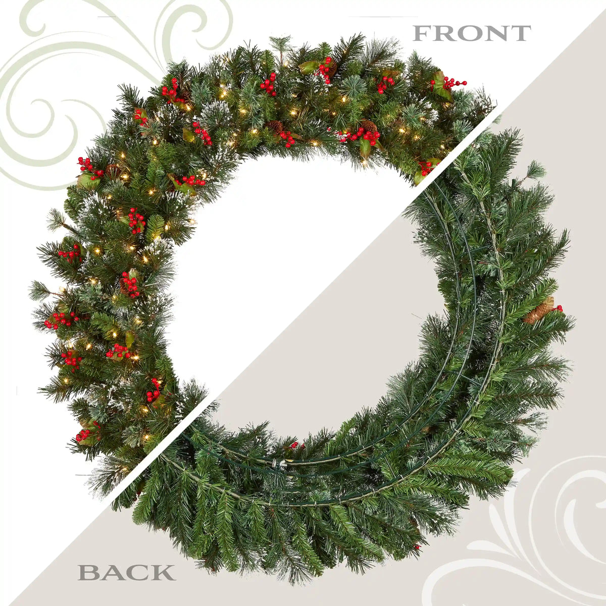 48 in. Pre-Lit Wintry Pine Wreath with Clear Lights, Plug-In