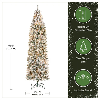 9 ft. Pre-Lit Acacia Flocked Slim Tree with Clear Lights