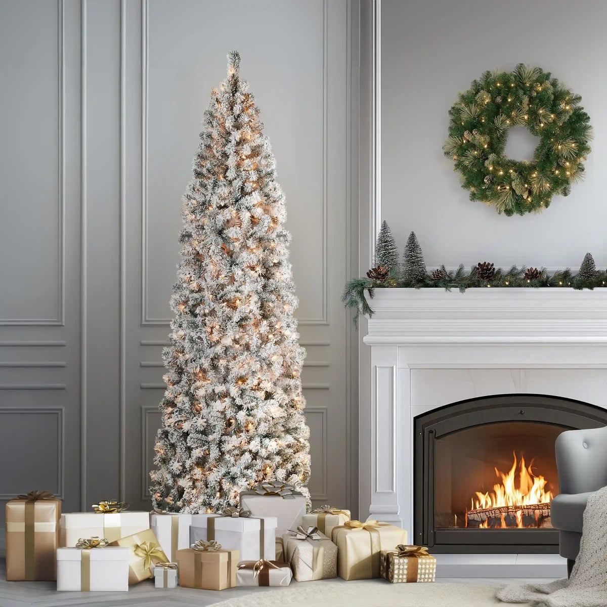 9 ft. Pre-Lit Acacia Flocked Slim Tree with Clear Lights