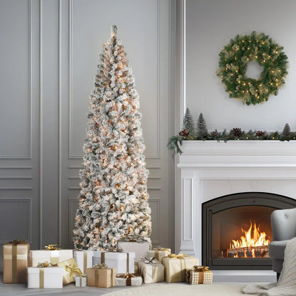 9 ft. Pre-Lit Acacia Flocked Slim Tree with Clear Lights