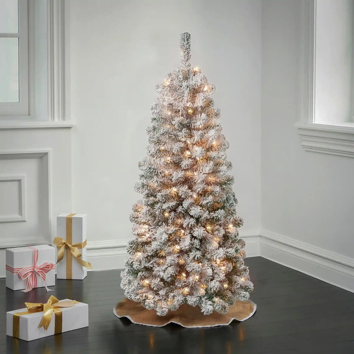 4.5 ft. Pre-Lit Acacia Medium Flocked Tree with Clear Lights, Plug-In